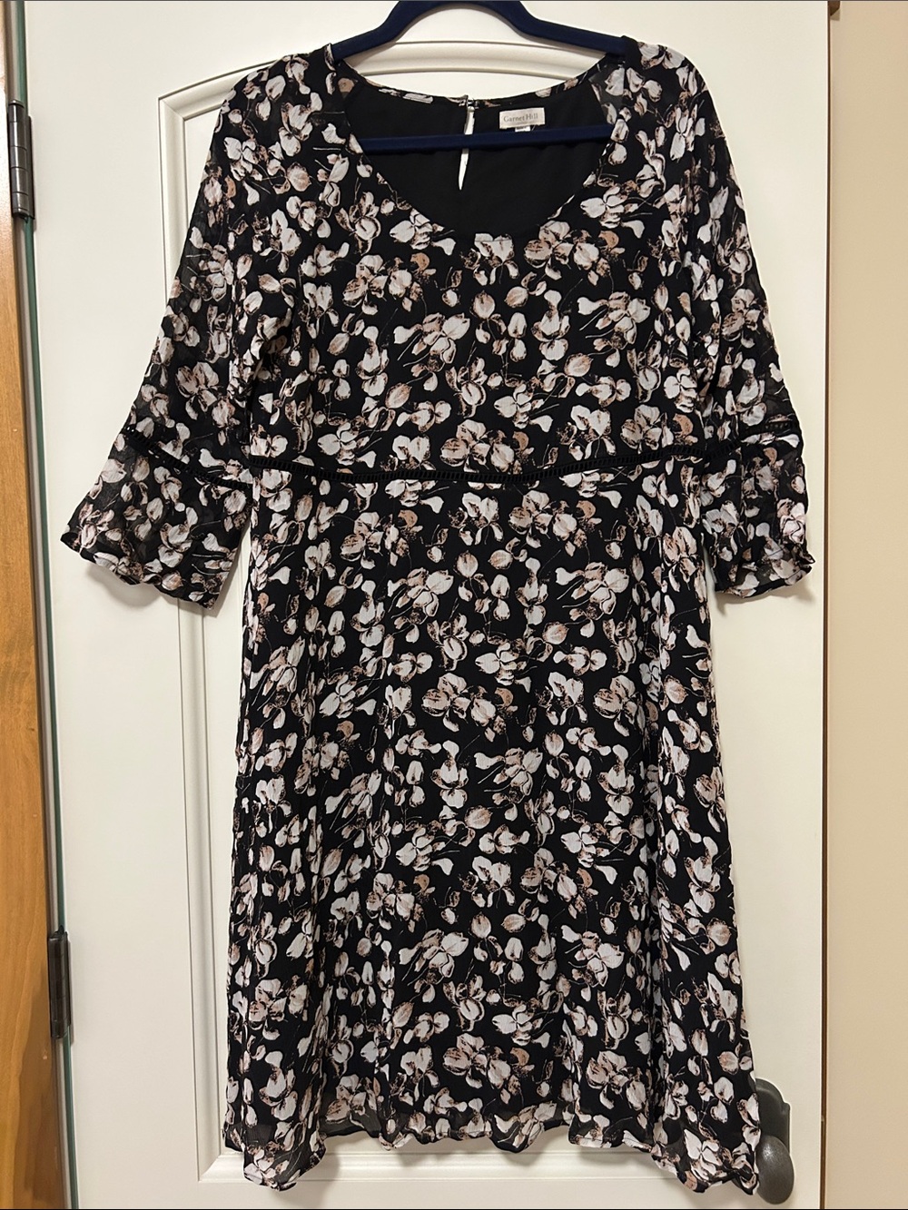 Garnet Hill Frosty Floral Black Dress with Creamy Details
